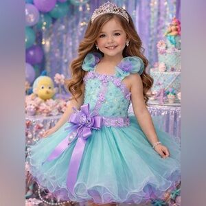 Girls aqua purple little mermaid inspired princess birthday summer party dress.